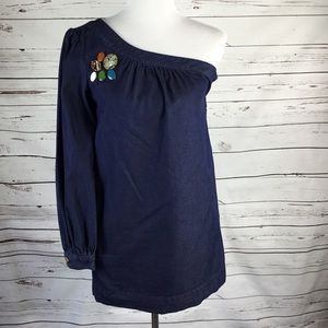 Y2K 7 For All Mankind One Shoulder Denim Top w/Decorative Beads Women’s Sz Small
